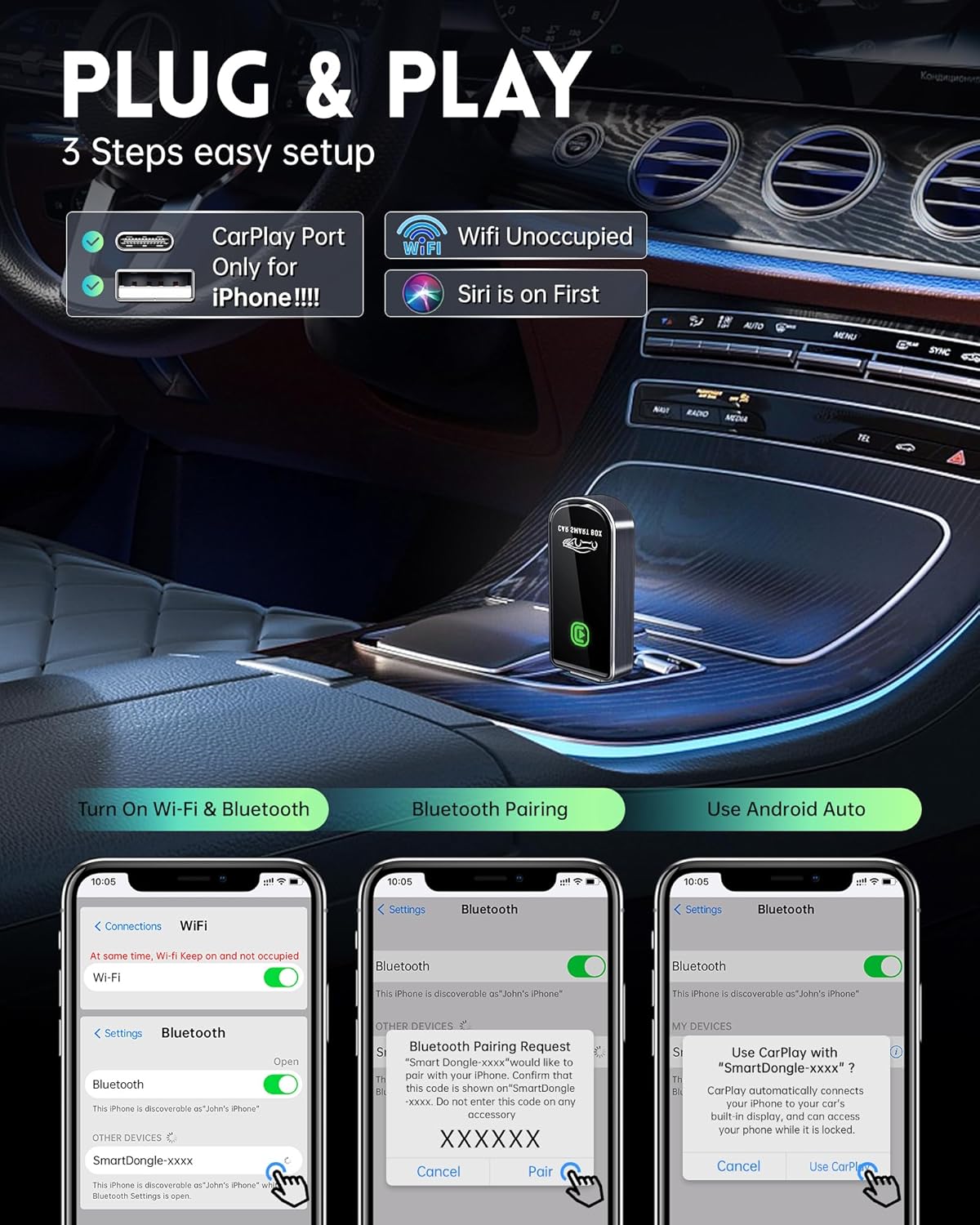 Wireless CarPlay Adapter for Apple iPhone iOS 10+ & Cars from 2015+, Mini Edition, Converts Factory Wired to Wireless CarPlay Dongle Plug & Play (Brushed Cobalt Blue)